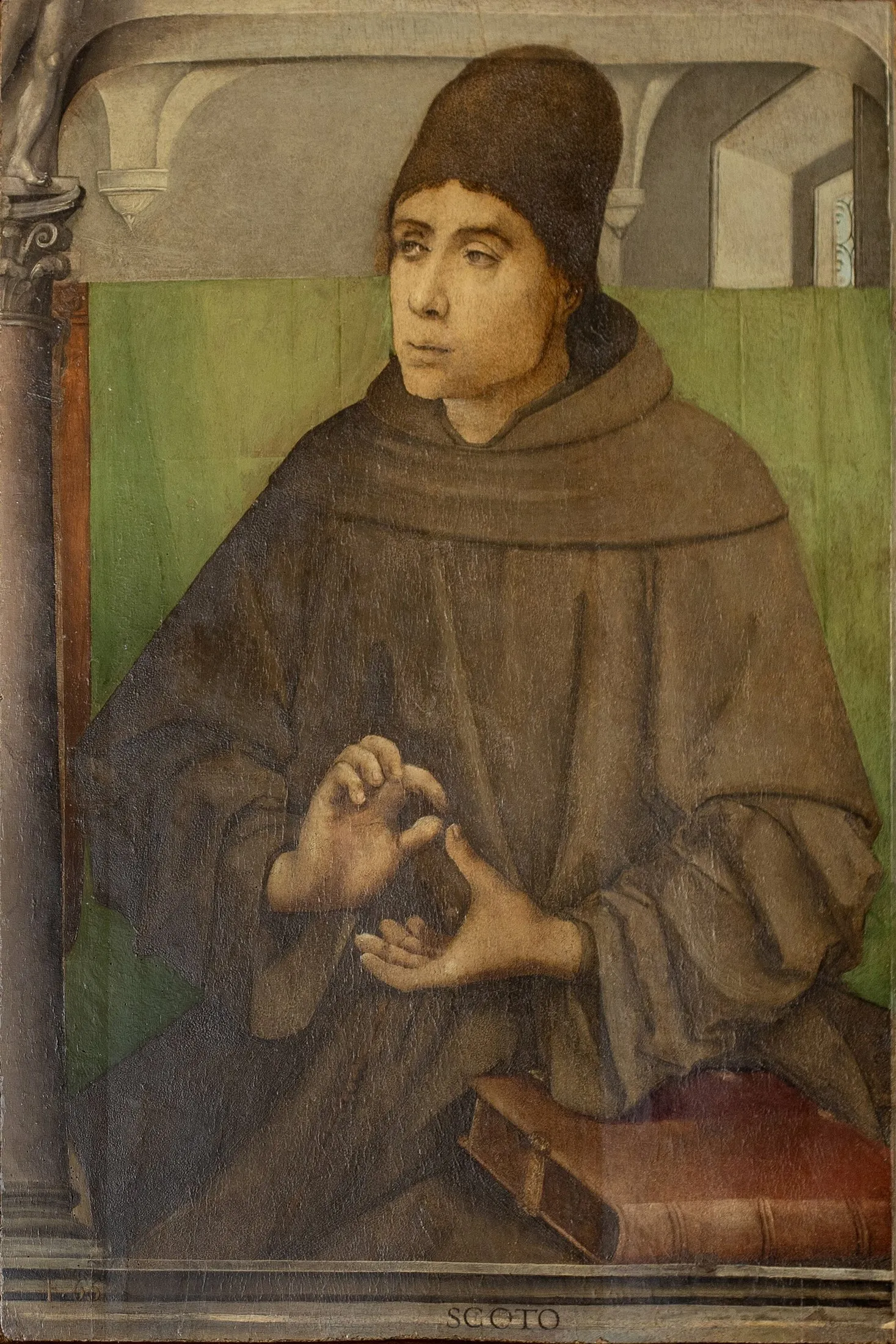 A fifteenth-century painted portrait of a friar in a grey habit, seated, hands raised as if in argument, against a dark background.