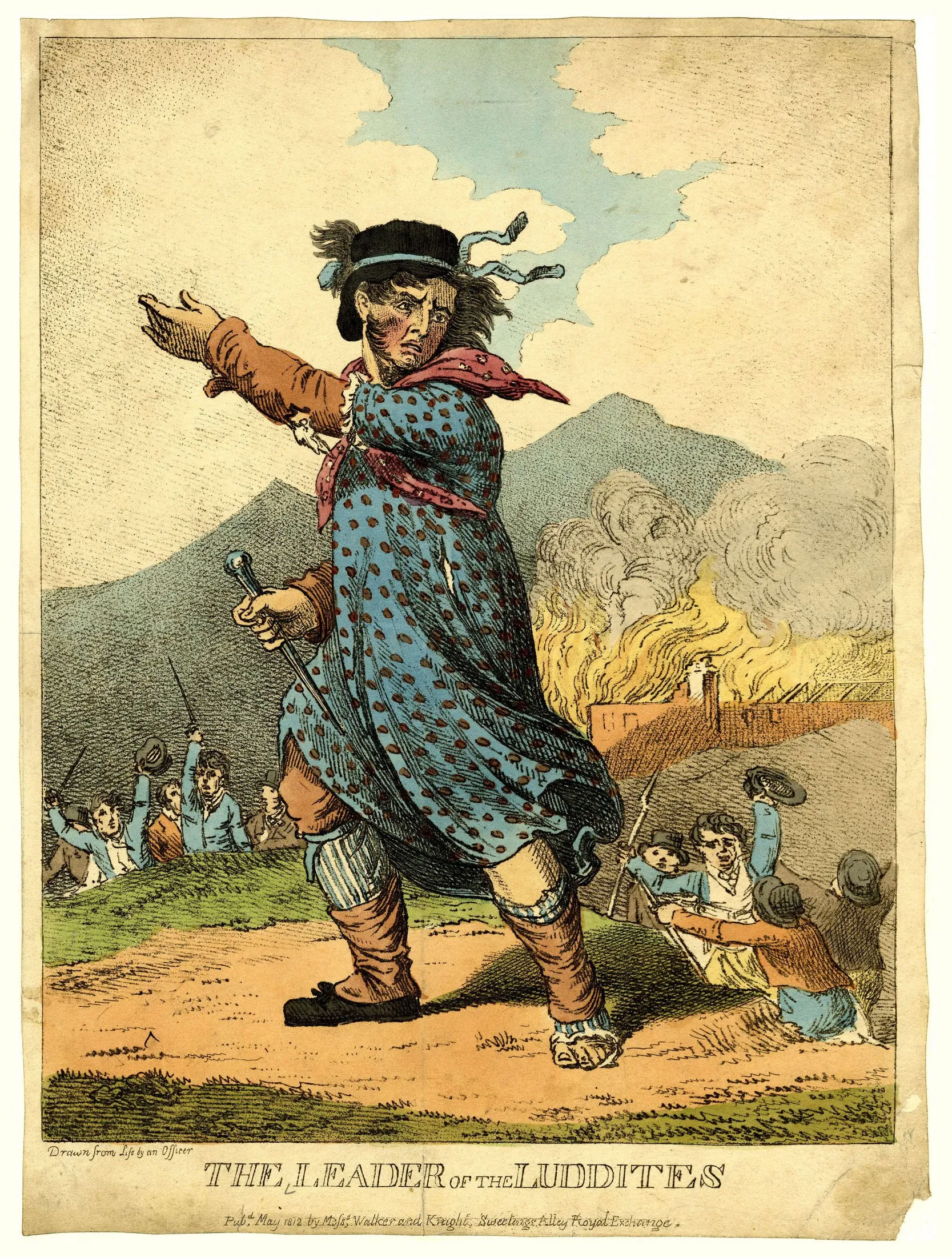 A hand-coloured print of a huge man in a spotted dress and a straw hat striding through a landscape, a factory burning behind him, workers at his feet.